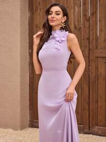 Women's Stand Collar Sleeveless Handmade 3D Flower Elegant Solid Color Rhinestone Hem Dress, Formal, Party Dress, Gown, For Evening, Wedding Guest