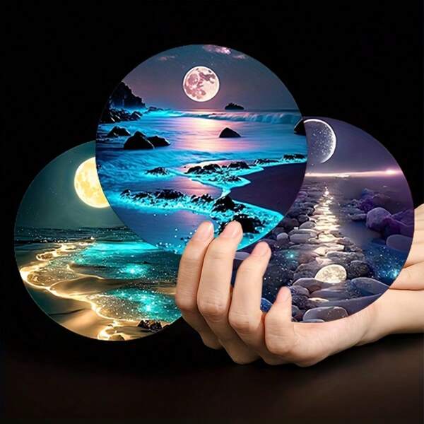 6 pièces/set Sous-verres en bois style plage au clair de lune - résistants à la chaleur, antidérapants, tapis de table résistants à haute température, conviennent pour la maison, le bureau et les décorations de fête à thème, diamètre de 10 cm, décoration de camping, décoration de maison, décoration de chambre, décoration de salon, décoration de jardin, équipement de camping, articles essentiels de voyage à la plage, cadeau de remise des diplômes, cadeau d'anniversaire, décorez votre maison, Halloween, décorations d'Halloween, cadeaux