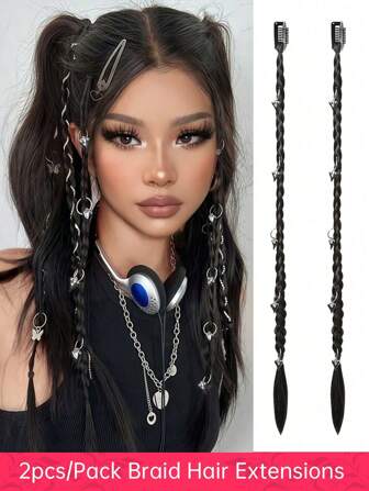 2 PCS Braid Hair Extensions, Baby Hair Braids 20inch Boxing Clip In Braid Synthetic Natural Brown Braid Extensions For Women's Daily Party Use ( Heart Shape Decoration)