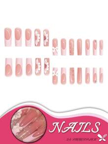 24pcs/Set Square-Shaped Press-On French False Nails With 3D Bowknot Design And White Border, Comes With Jelly Glue And Nail File. Suitable For All Women, Great For Daily Outfits And Makes Your Nails More Charming.
