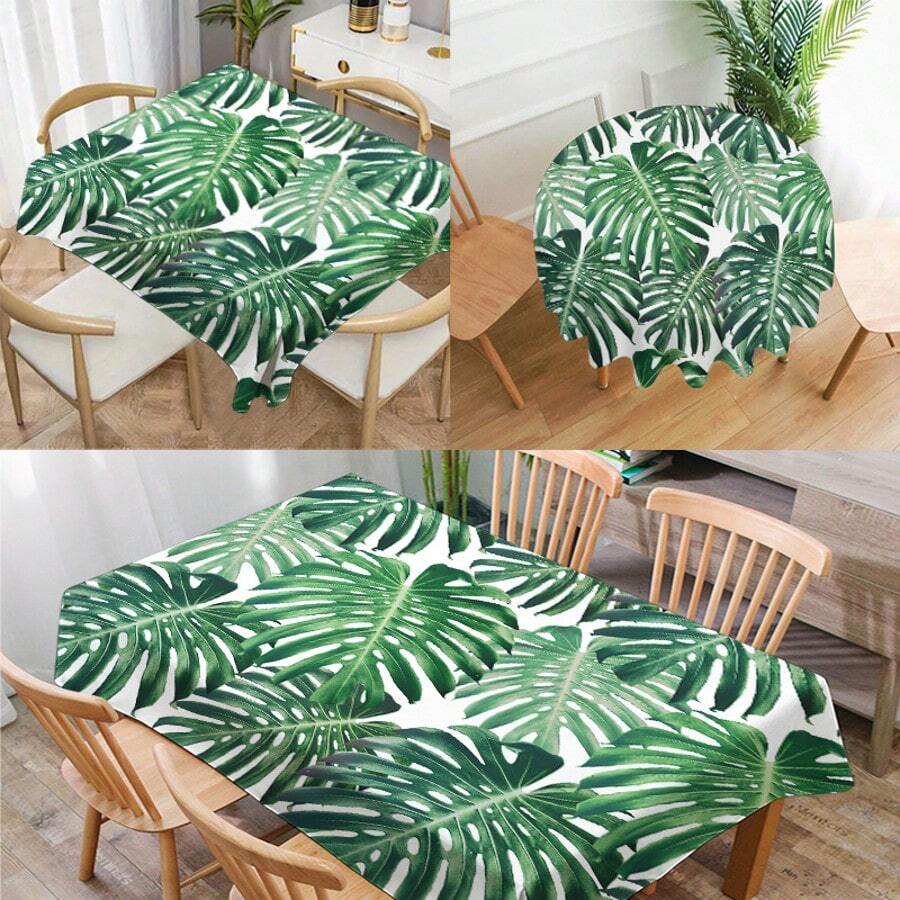 1 khăn trải bàn in hình lá cọ, khăn trải bàn hình chữ nhật/tròn bằng polyester hiện đại chống thấm nước, in kỹ thuật số thích hợp cho phòng khách, bàn ăn ngoài trời, bàn tròn nhỏ