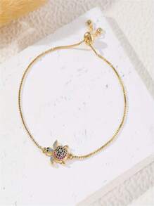 1pc European And American Personalized Sea Turtle Detail Cubic Zirconia Decor Pull Cord Bracelet