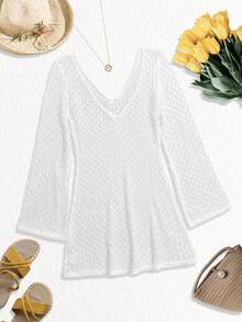 女士长袖镂空泳衣罩衫，优雅波西米亚海滩度假风，V领半身裙 - 白色 - 查看 12