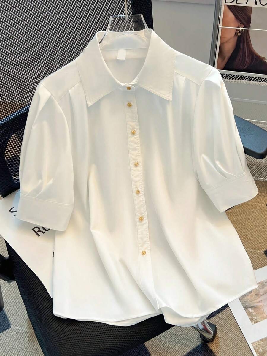 女士休闲简约金属复古纽扣商务优雅衬衫白色夏季短袖上衣 - 白色 - 查看 1