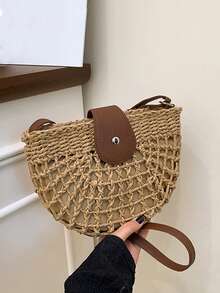Yogodlns 度假编织沙滩包轻便草编手提包拉链封口女士海边必备单肩包女士镂空编织手提包带可调节肩带半圆形草编手提包休闲单肩包旅行度假通勤包 - 卡其色 - 查看 6