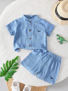 2 件套男婴休闲恐龙刺绣领衬衫和短裤套装，日常夏季服装 - 藍色 - 查看 1