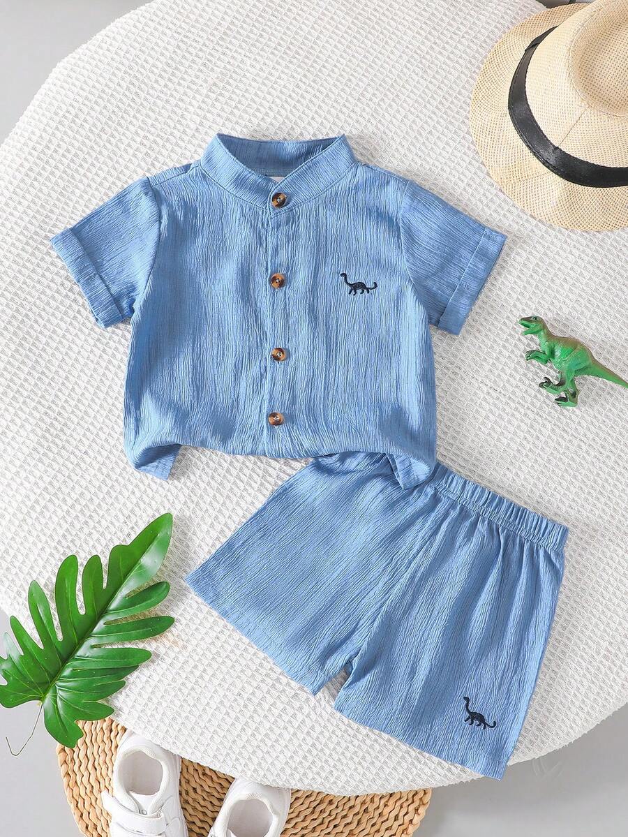 2 件套男婴休闲恐龙刺绣领衬衫和短裤套装，日常夏季服装 - 藍色 - 查看 1