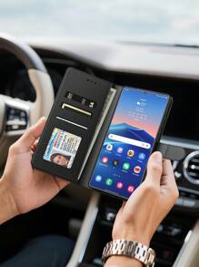 Funda billetera multifuncional negra de PU para teléfono Android