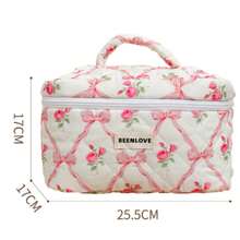 Borsetta trucco carina con stampa a fiocco e ciliegie, borsa cosmetica imbottita in tela stampata floreale di alta qualità con grande capacità, borsa portatile per vacanze, spiaggia, bagno, camera da letto, grande capacità