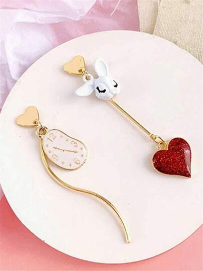 Orecchini pendenti asimmetrici dolci e romantici con coniglio, orologio e cuore rosso, ideali per San Valentino, mamma, madre, festa della mamma, regalo
