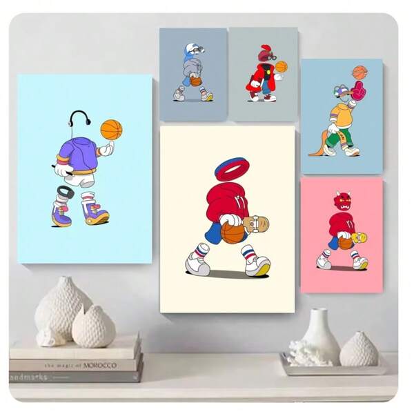 1pc Frameless Cute Cartoon Abstract Boy Playing Basketball Canvas Printed Poster Wall Art Modern Minimalist Living Room Bedroom Dormitory Study Club Wall Decoration Home Decoration ,Wall Art With Frame