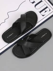 Men's Lightweight Sandals, Summer Fashionable Crossover Beach Shoes, Outdoor Casual Open Toe Slippers, Comfortable Black Lychee Texture