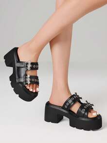 Women's Summer Gothic Sandals Platform Y2K Slippers With Bat Decorative Buckle And Square Toe For Women Slip-On Platform Sandals - 黑 - 查看 3