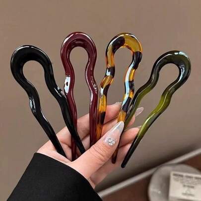 1/4pcs U-Shaped Fashion Tortoiseshell Acetate Hair Forks, Geometric Design Hairpins, Headwear Hair Sticks For Women & Girls (Slight Scratches On Plastic Products Are Normal) Hair Bun Hair Bun Maker Bun Hair Piece, School Stuff