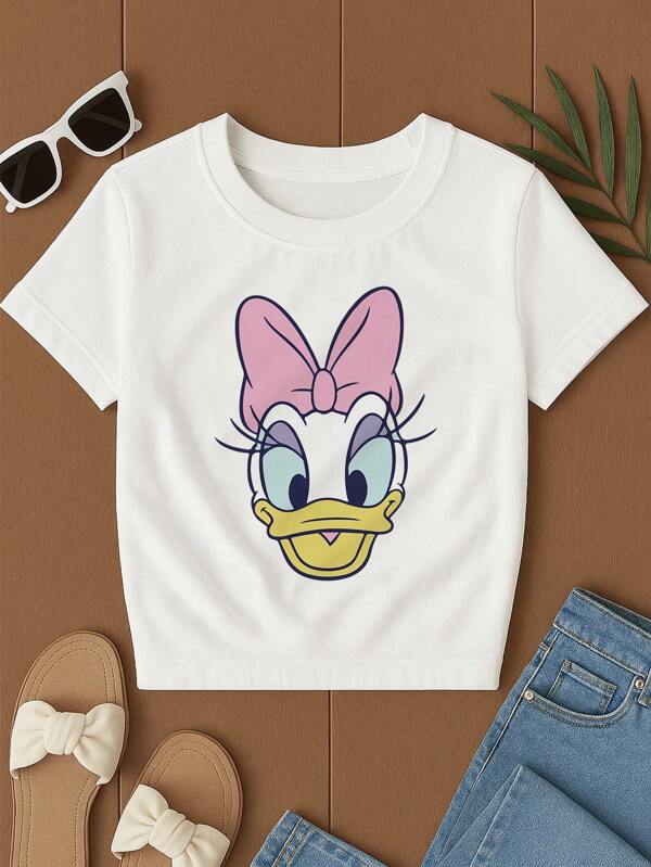Disney 1pc Women's T-Shirt, Cartoon Print, Daisy Print, Funny Pattern, Casual And Fashionable, Comfortable And Minimalist, Moisture Transferring And Sweat Wicking, Suitable For Daily Wear, Suitable For Outdoor