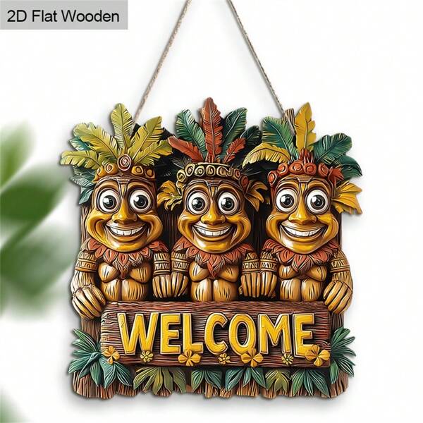 1pc Welcome Hawaiian TIKI Wooden Wall Hanging & Plaque, 2D Flat Wood Art Decor Suitable For Hallway, Corridor And Garden