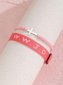 2pcs/Set Minimalist Stainless Steel Cross Bracelets & Wwjd Letter What Would Jesus Do Christian Jewelry Jacquard Knit Wristband Bracelet Set For Women For Party Jewelry