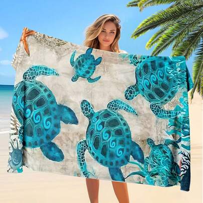 1 pieza Toalla de playa de secado rápido y extra grande con estampado de tortuga marina, suave y absorbente, apta para vacaciones de verano, playa, natación, camping, uso al aire libre