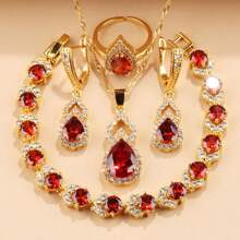 Elegant Luxury 5-Piece Jewelry Set: Synthetic Zirconia Teardrop Earrings, Pendant, Bracelet, Ring, Necklace - 18K Golden Plated Copper - Wedding, Christmas, All-Season Gift For Her