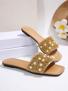 New Luxury Plus Size Square Toe Pearl Embellished Slip-On Sandals, Anti-Slip, Fashion Versatile, Suitable For Beach & Resort, Women,Summer Shoes - Apricot - View 6