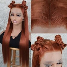 Ginger Orange Color Lace Front Wigs Synthetic 13x4 Long Silky Straight Hair Heat Resistant Fiber Glueless Frontal Lace Replacement Wig Pre Plucked With Baby Hair Natural Hairline 26 Inches HD Transparent Lace Free Part For Fashion Women Girls Party Vacation Makeup Use Daily Wear - 薑色 - 查看 3