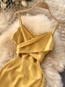 Women's Elegant V-Neck Tie Waist Satin Shiny Charming Sleeveless Dress For Spring/Summer, Ramadan