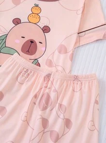 Set de 2 piezas Pijamas de manga corta para niños, nuevos pijamas de verano ligeros con cuello redondo y estampado de capibaras de dibujos animados abstractos, aptos para uso al aire libre, de niña pequeña a adolescente
