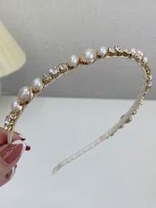 1 件女士复洛克水晶和人造珍珠发箍，优雅奢华宫廷风格不对称发饰、发带、发箍头带