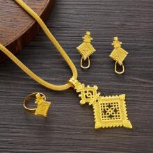 3pcs/Set Golden Luxury Hollow Cross Jewelry Set, Earrings, Ring, Pendant, Elegant Middle East Daily Party Festival Gifts