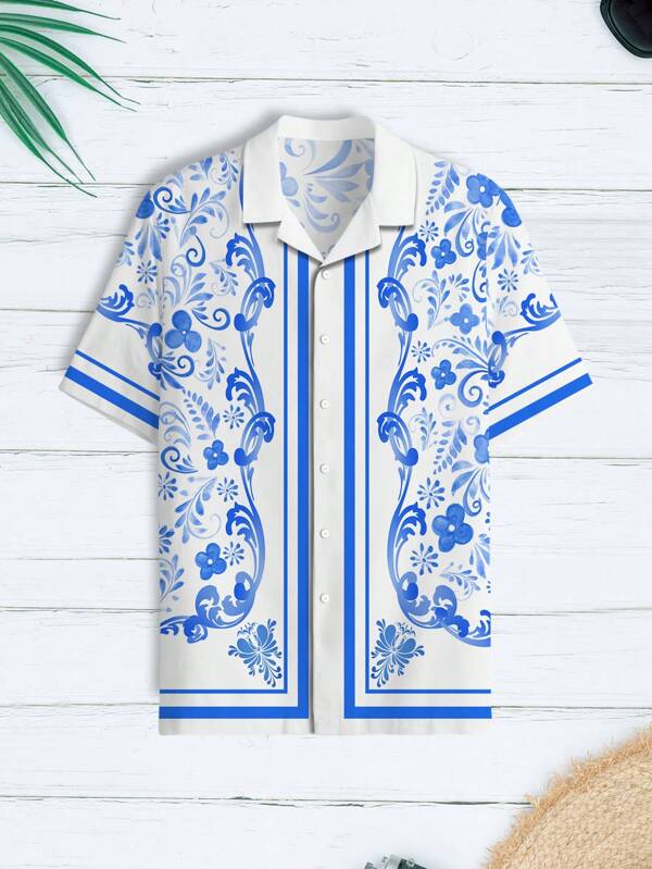 1pc Men Blue Floral Pattern Button Short Sleeve Shirt, Fashionable Holiday Beach Sun-Protective Top