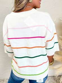 Acelitt Casual Contrast Stripe Off-Shoulder 3/4 Sleeve Ribbed Crew Neck Knit Top, Suitable For All Seasons - Multicolor - View 2