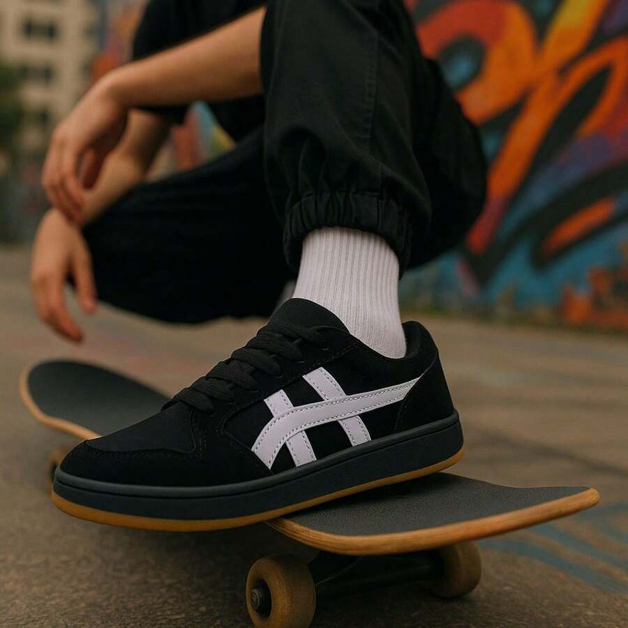 Men's Casual Sneakers Black White Skater Super Comfortable Casual - 黑與白 - 查看 1