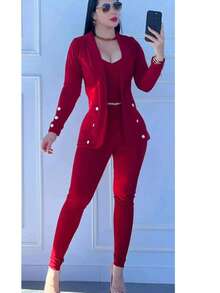 Conjunto Elegante de Tres Piezas para Mujer – Blazer, Top y Pantalón a Juego – Estilo Formal y Casual con Detalles de Perlas - Rojo - Ver 1