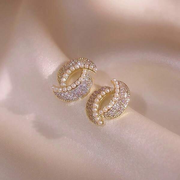 1 Pair Elegant Gold-Color Rhinestone & Pearl Stud Earrings, Delicate Minimalist Design Pearls Chic Personalized Earrings, Versatile Luxury Accessory