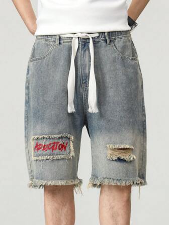 Plussize, distressed jeansshorts för män, sommarbroderi American Vintage Washed Ripped 5-tums fritidsbyxor