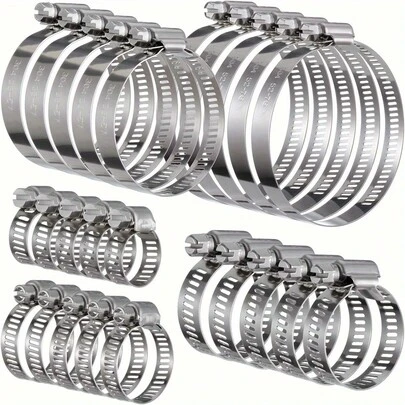 25pcs Stainless Steel Hose Clamps Assortment Kit - Adjustable Worm Gear Screw Clamps For Fuel Line, Plumbing, Automotive, Tube, Radiator Pipe Fittings, 304 Grade, 25/ 64" To 2-3/ 4" (10-76mm) Size Range