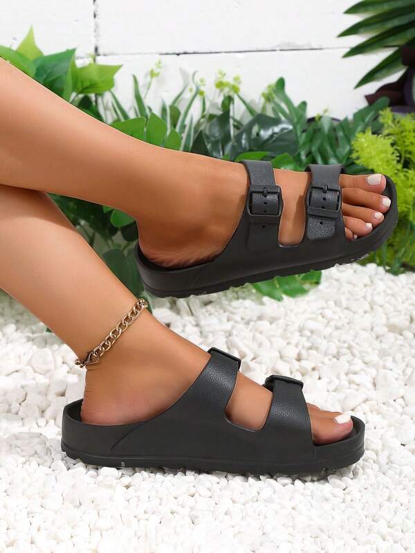 Modne sandały damskie, jednokolorowe, regulowane, płaskie sandały z pianki EVA z podwójną klamrą, lekkie, miękkie podeszwy, klapki plażowe, szerokie