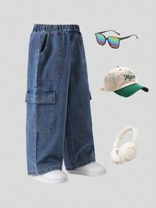 1 件儿童青少年男童夏季牛仔裤，新款休闲街头风格侧袋阔腿裤