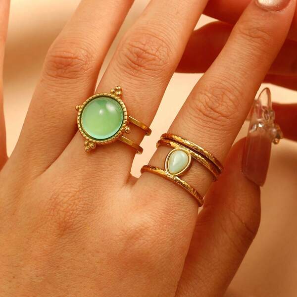 Multi-Piece Set Of Elegant 18K Gold Plated Stainless Steel Faux Gemstone Rings For Women, Fashion Jewelry Accessories, Luxury Party Wear, Vintage Middle Eastern Dubai Jewelry, Adjustable Rings