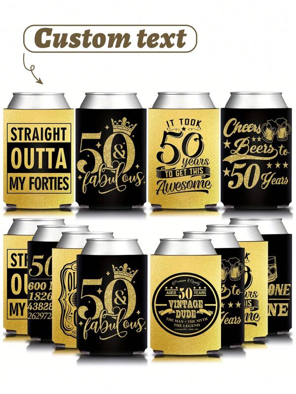 Cubierta desmontable para botella de vino Negra y Dorada (para cualquier edad), enfriador de latas de bebida, decoraciones de cumpleaños para hombres y mujeres, suministros de fiesta de cumpleaños, enfriador de latas de fiesta de cumpleaños estilo retro