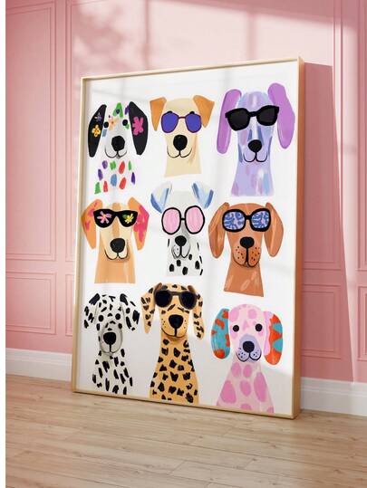 1幅戴墨镜的狗狗帆布艺术画，适合房间装饰、儿童房装饰、墙面艺术、帆布画，适用于儿童房、幼儿园、卧室、客厅装饰、婴儿派对、家居装饰、礼物、教室、早教、自粘艺术贴纸、婴儿派对、家居装饰、礼物