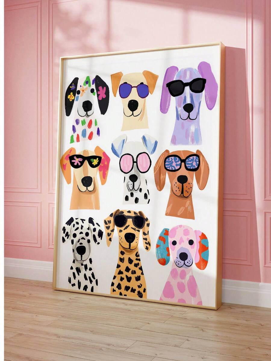 1幅戴墨镜的狗狗帆布艺术画，适合房间装饰、儿童房装饰、墙面艺术、帆布画，适用于儿童房、幼儿园、卧室、客厅装饰、婴儿派对、家居装饰、礼物、教室、早教、自粘艺术贴纸、婴儿派对、家居装饰、礼物 - 彩色 - 查看 1