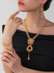 4 pièces/set Bijoux de mode pour femmes à ton doré de Dubaï, en alliage de cuivre 24 carats, collier, accessoires du Moyen-Orient