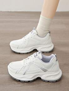 女士春秋新款休闲厚底运动鞋，网眼透气厚底一脚蹬厚底鞋，轻便百搭时尚运动鞋，系带白色/灰色休闲鞋，适合跑步，四季皆宜 - 灰色 - 查看 5