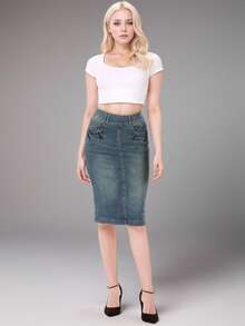 Women Elastic Wasit Band Skirt  Plain  Casual  Denim  Zipper  Pocket - Rửa cổ điển - Xem 1