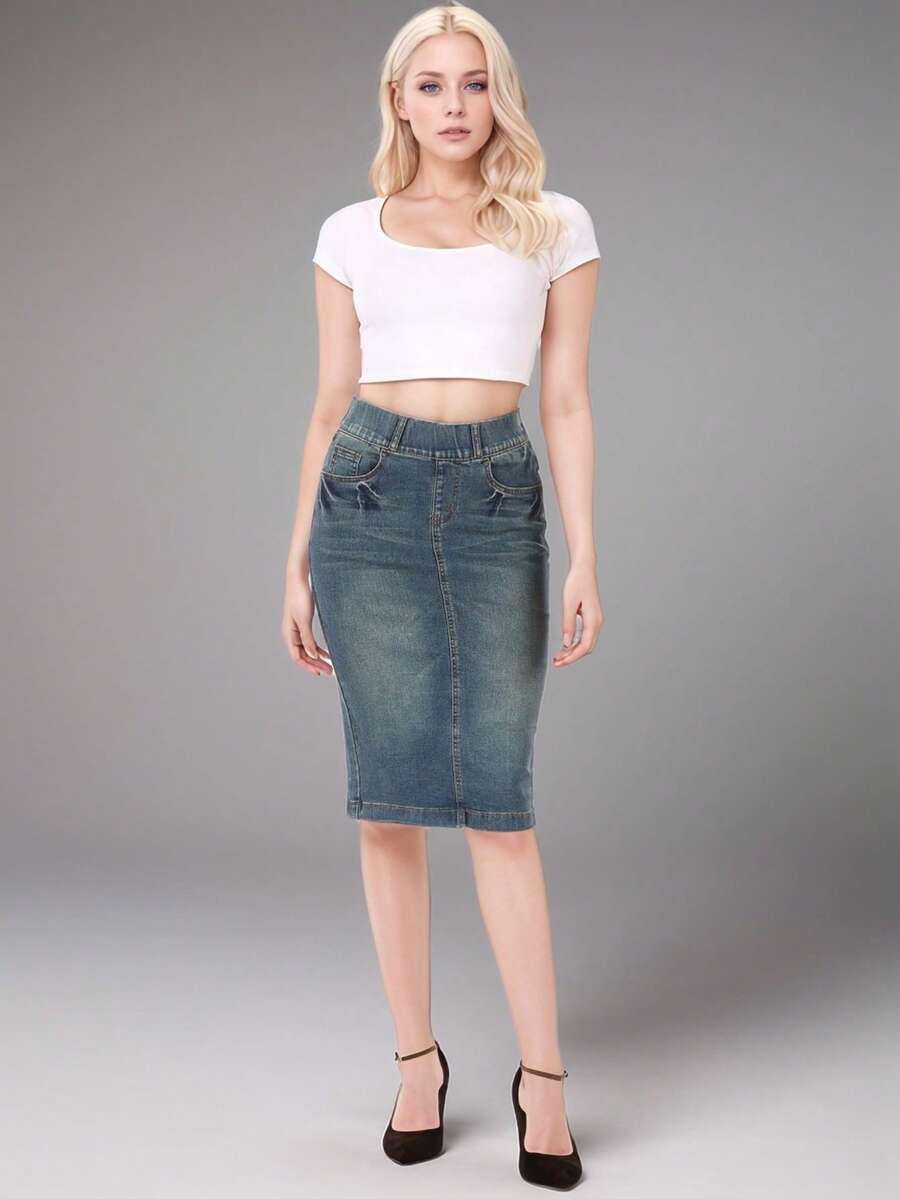 Women Elastic Wasit Band Skirt  Plain  Casual  Denim  Zipper  Pocket - Rửa cổ điển - Xem 1