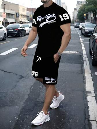 Summer Short Sleeve T-Shirt And Shorts Outfit, Men Fashion Logo Printed Crew Neck T-Shirt And Shorts Sports Suit