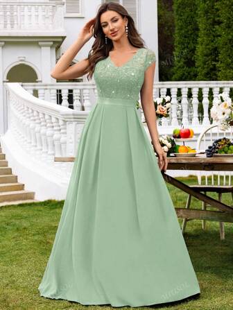 MIUSOL Robe de soirée maxi en mousseline de soie plissée avec manches courtes en dentelle pailletée et col en V. Robe de soirée élégante pour femme, robe de soirée de cérémonie, robe de bal, pour invités de mariage, remise de diplômes, dîner