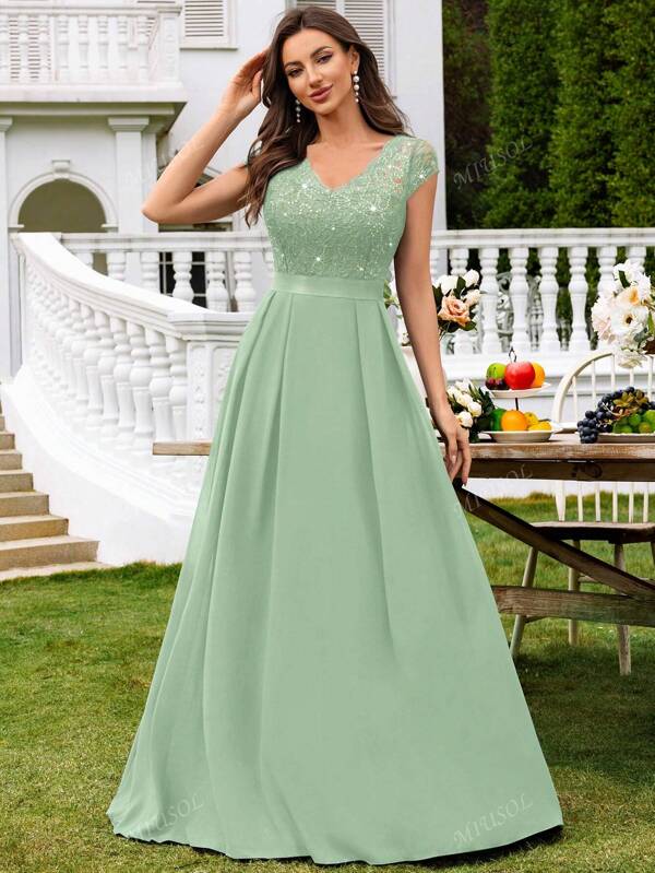 MIUSOL V-Ausschnitt Pailletten Spitzen Flügelärmel Chiffon plissierter Saum Abendkleid für Party, elegantes Partykleid für Frauen, Abendkleid, Abschlussballkleid, für Hochzeitsgäste, Abschluss, Dinner