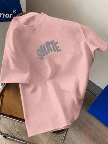 Camiseta de manga corta con cuello redondo, rosa y con estampa de conejo y letras de moda, para uso casual y para ir al trabajo